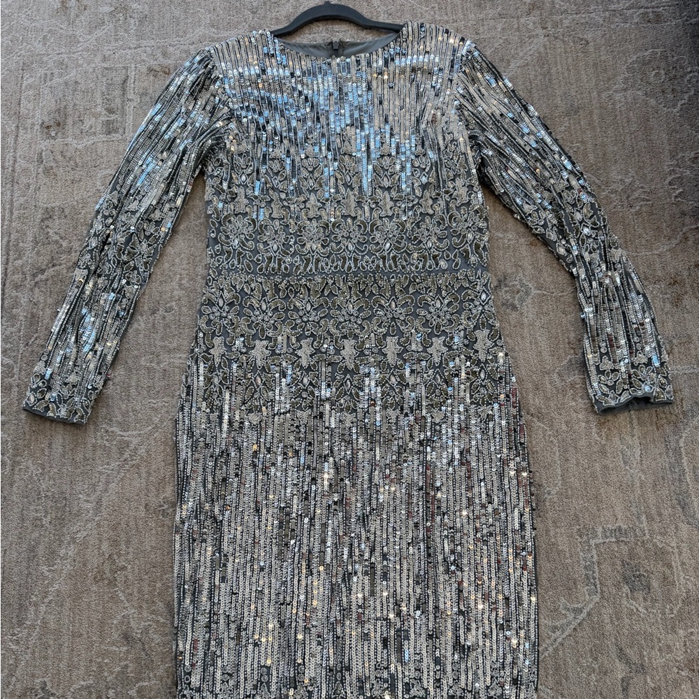 Mac Duggal Silver Beaded Long-Sleeve Evening Dress - Picture 2 of 6